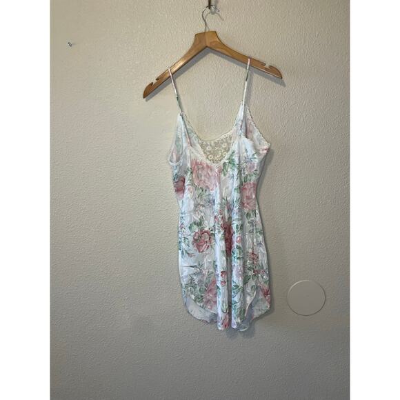 VTG Silky Textured Lace Trim V Neck Pink & Green Floral Mini Slip Dress XS - Picture 3 of 9